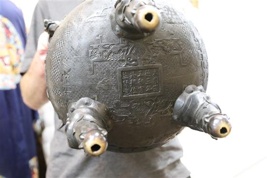 A rare Chinese archaistic bronze censer and cover, Xuande fifteen character mark but 19th century, H. 62.5cm